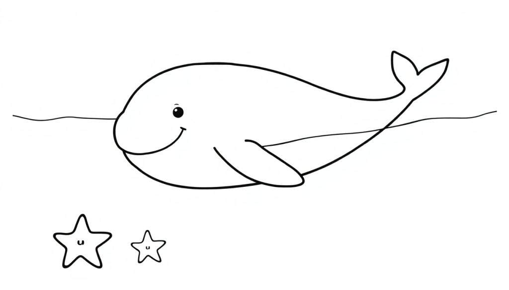 A black and white color panel drawing of a happy whale swimming with two starfish below it.