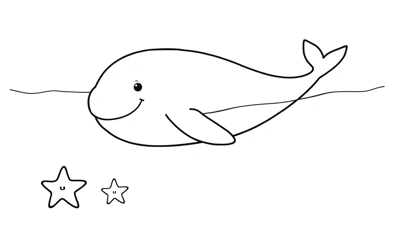 A black and white color panel drawing of a happy whale swimming with two starfish below it.