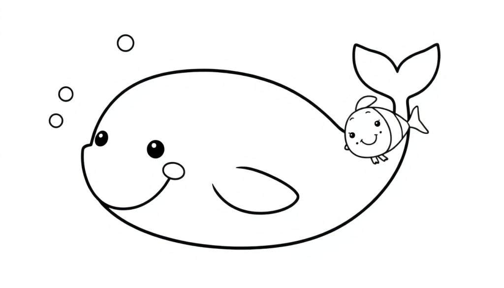 A friendly whale and a happy fish in a black and white outline color panel.
