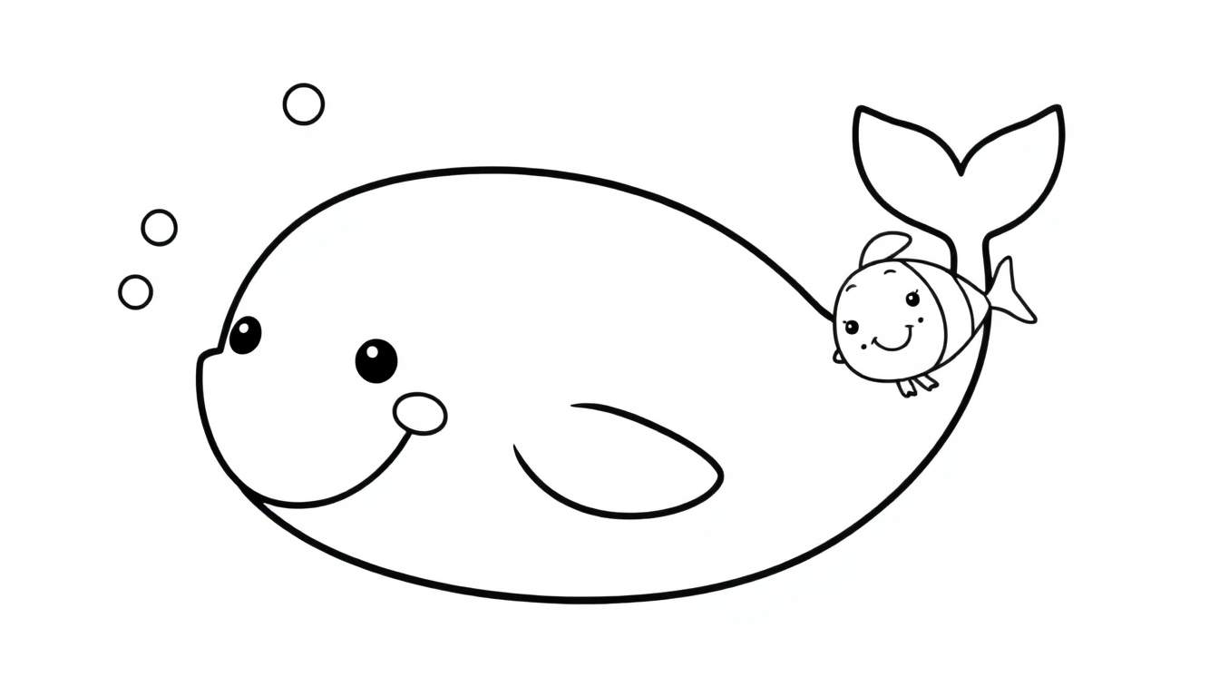 A friendly whale and a happy fish in a black and white outline color panel.