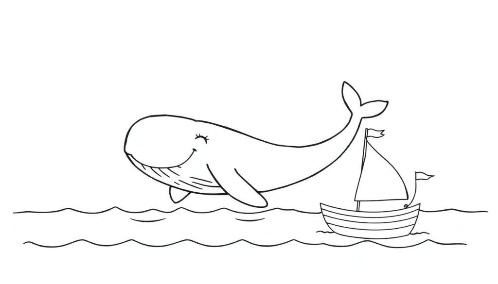 A friendly whale and sailboat on a color panel.