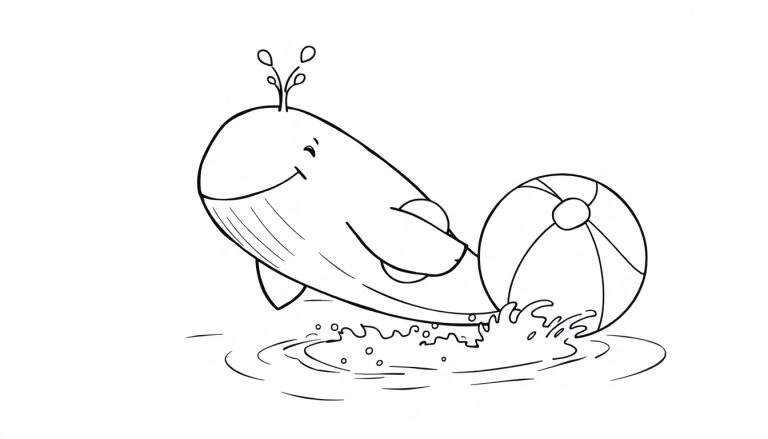 A black and white line art color panel of a joyful whale playing with a beach ball in the water.