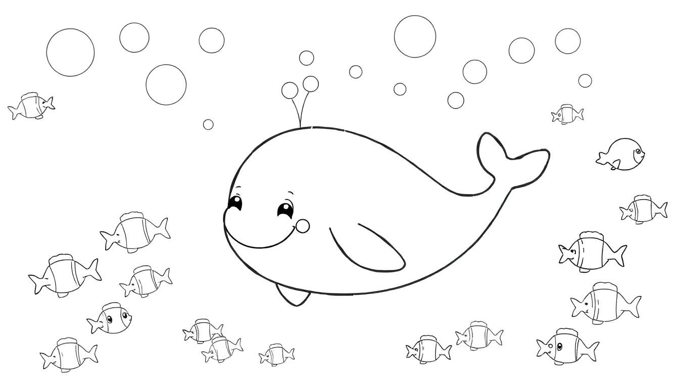 A black and white cartoon color panel showing a happy whale with fish and bubbles.