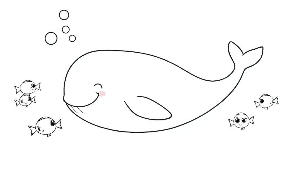 A friendly whale with a smile and blush swims with small fish and bubbles. This is a black and white color panel drawing.
