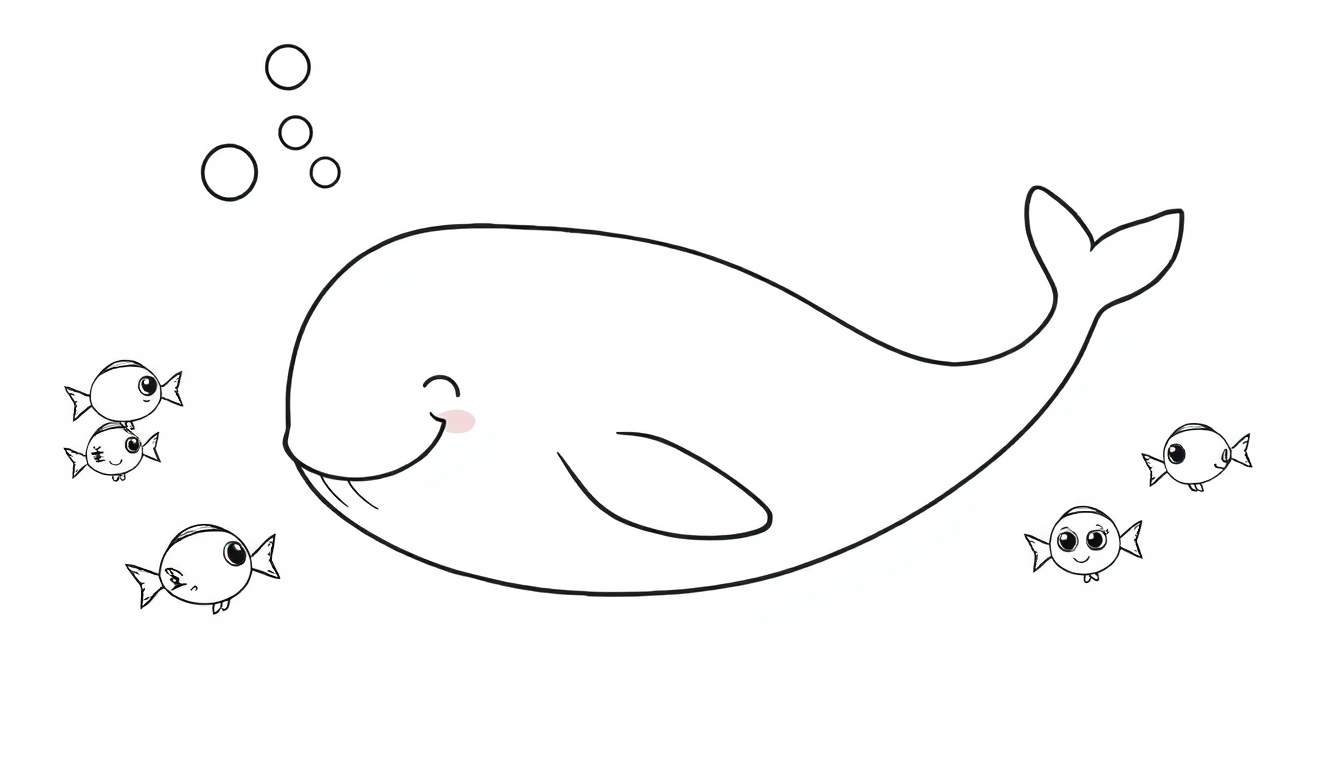 A friendly whale with a smile and blush swims with small fish and bubbles. This is a black and white color panel drawing.