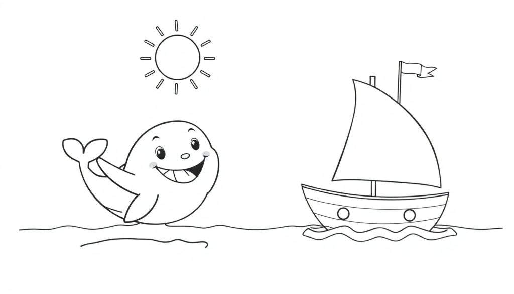 A happy cartoon whale waving at a sailboat under a smiling sun. A fun color panel for kids.