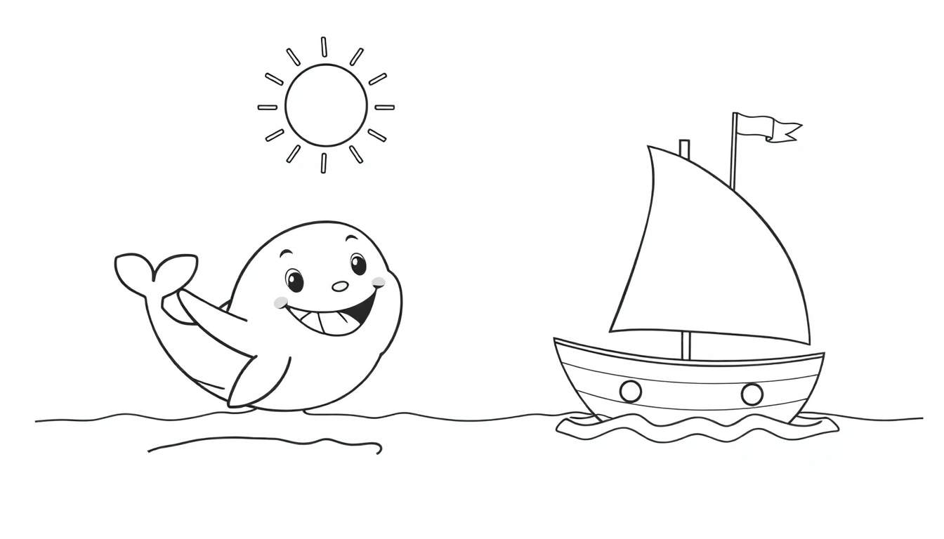 A happy cartoon whale waving at a sailboat under a smiling sun. A fun color panel for kids.
