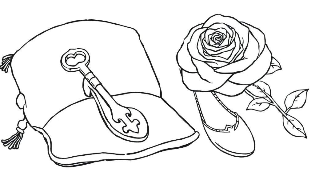 A whimsical color panel with a pillow and a key, plus a rose and a ballet slipper.