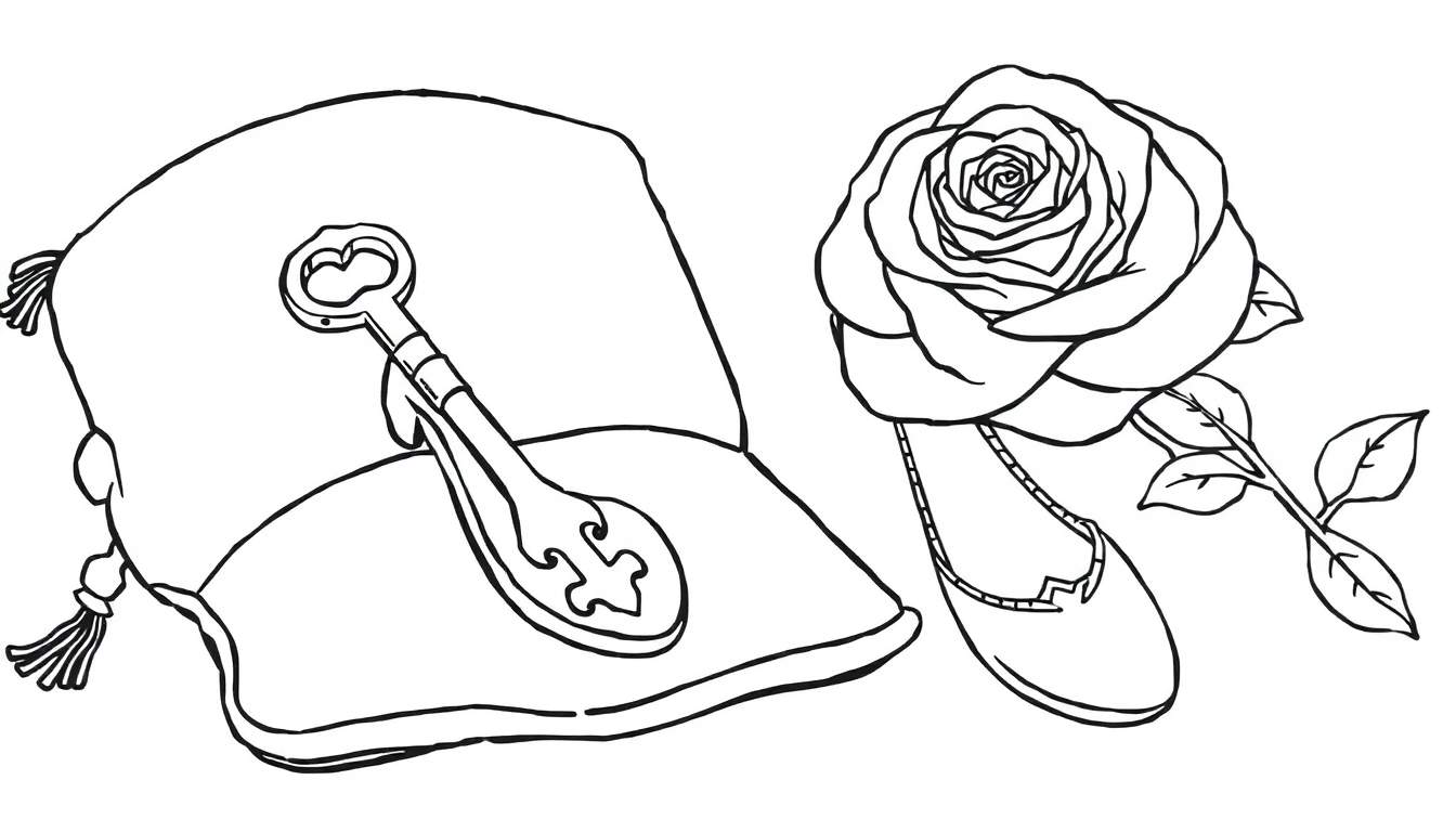 A whimsical color panel with a pillow and a key, plus a rose and a ballet slipper.