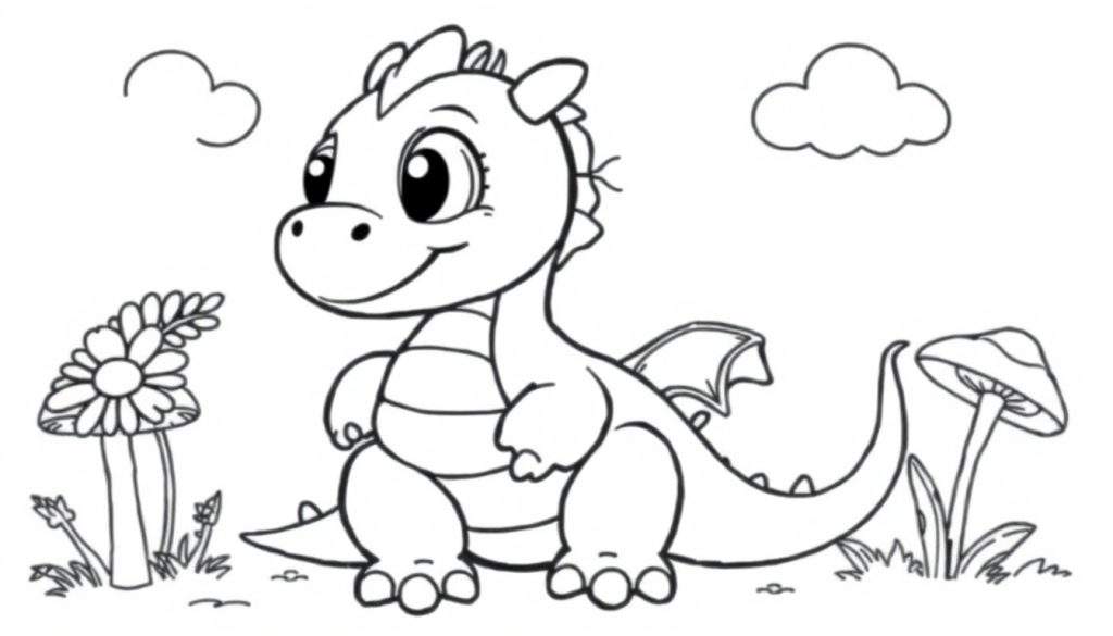A cute baby dragon sitting in a whimsical landscape, ready for coloring. This black and white illustration is a delightful color panel for children.
