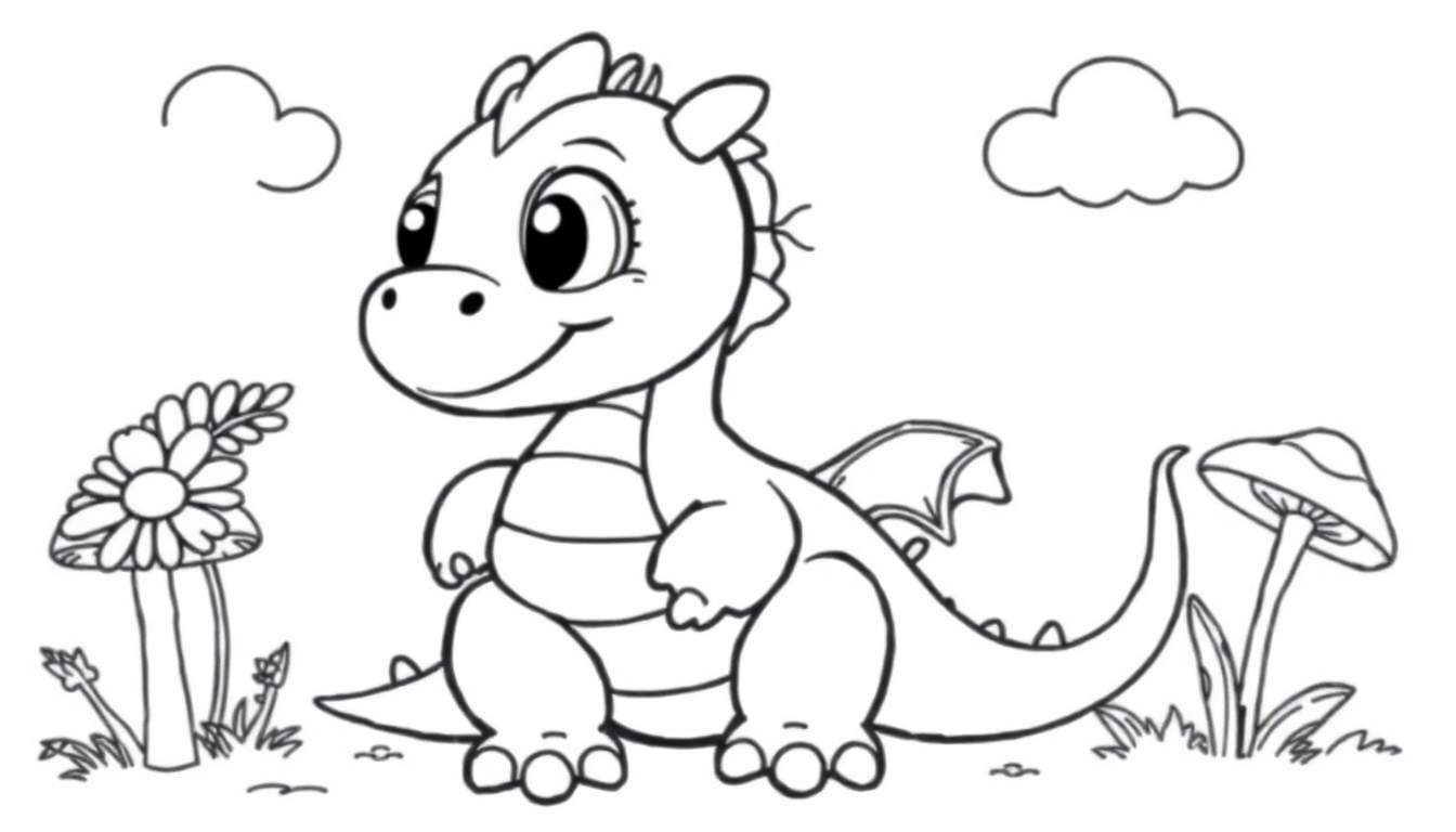 A cute baby dragon sitting in a whimsical landscape, ready for coloring. This black and white illustration is a delightful color panel for children.