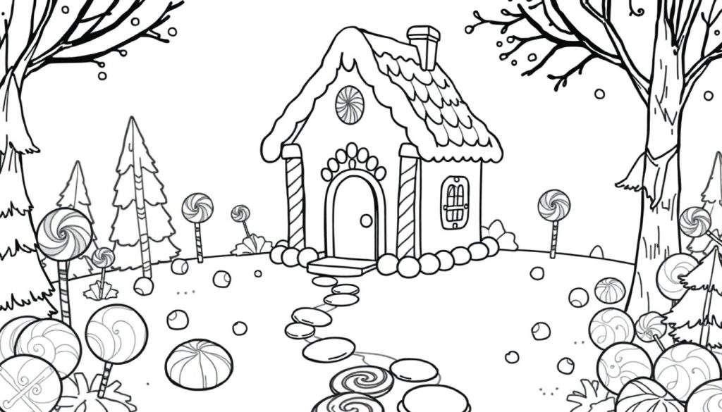 A black and white coloring panel of a gingerbread house in a snowy candy forest.