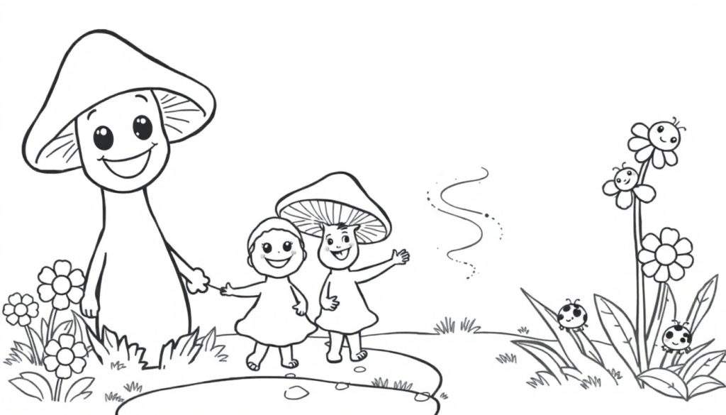 A black and white color panel showing a mushroom character holding hands with a smaller child-like figure, another child-like figure wearing a mushroom cap, and smiling flowers with ladybugs, all in a whimsical forest setting.