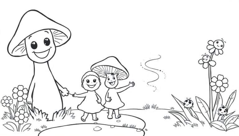 A black and white color panel showing a mushroom character holding hands with a smaller child-like figure, another child-like figure wearing a mushroom cap, and smiling flowers with ladybugs, all in a whimsical forest setting.