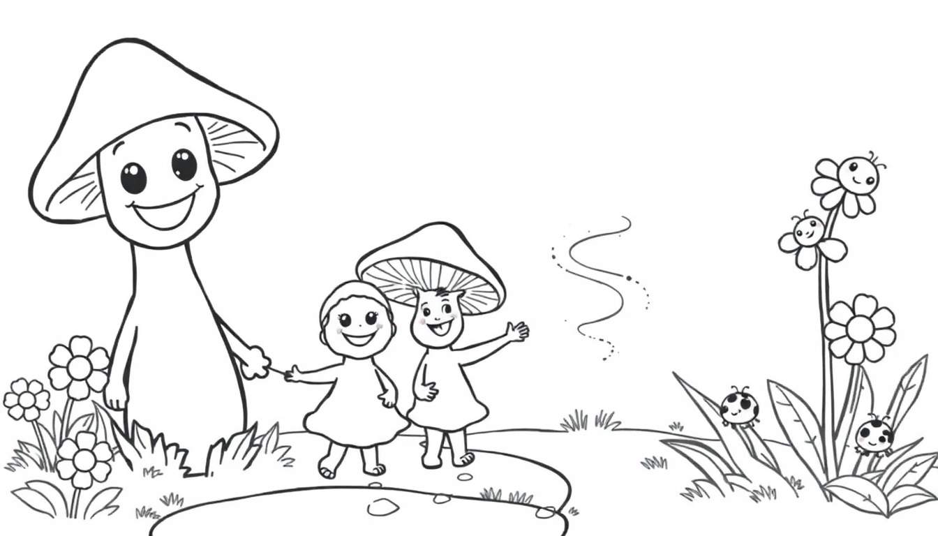 A black and white color panel showing a mushroom character holding hands with a smaller child-like figure, another child-like figure wearing a mushroom cap, and smiling flowers with ladybugs, all in a whimsical forest setting.