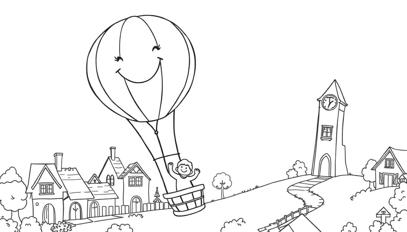 A smiling hot air balloon carrying a happy person floats over a charming town with a clock tower, a delightful color panel awaits your creativity!