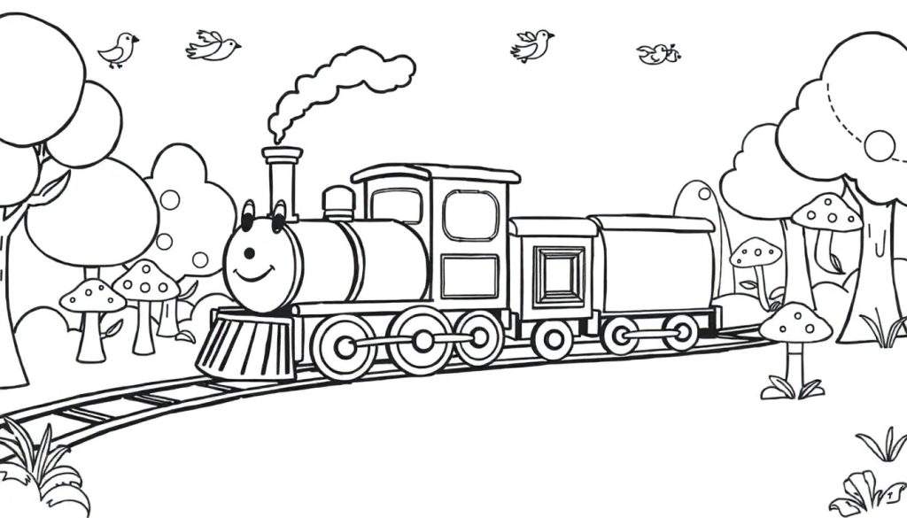 A friendly cartoon steam train with a smiling face on a track, surrounded by whimsical trees and mushrooms, ready for a color panel.