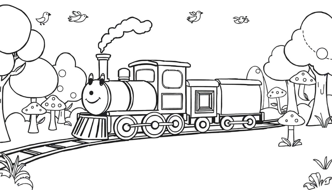 A friendly cartoon steam train with a smiling face on a track, surrounded by whimsical trees and mushrooms, ready for a color panel.