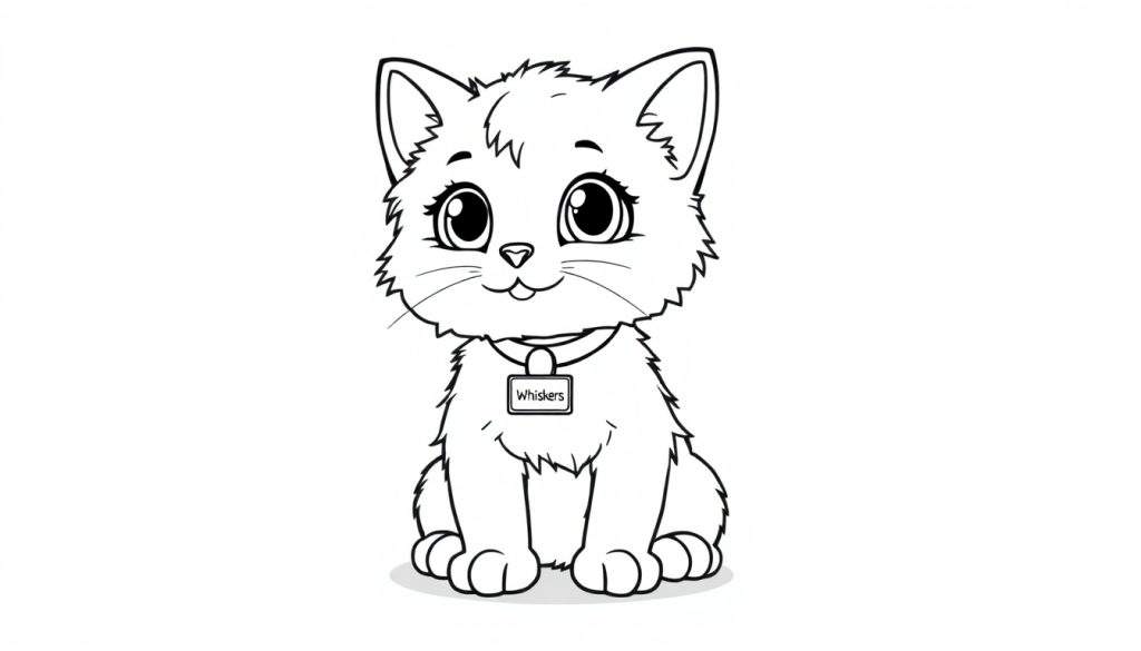 A cute cartoon cat named Whiskers, outlined for coloring. This black and white color panel is ready for your artistic touch!