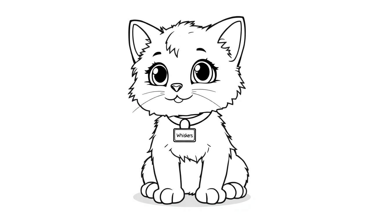 A cute cartoon cat named Whiskers, outlined for coloring. This black and white color panel is ready for your artistic touch!