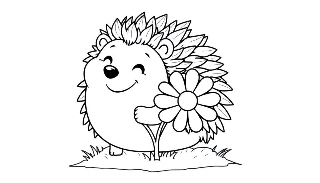 A cute hedgehog winking and holding a flower, perfect for a color panel.