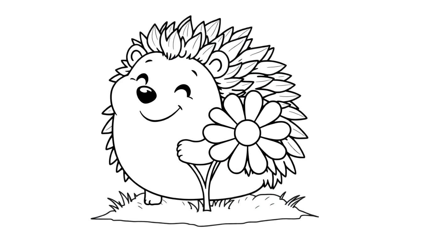A cute hedgehog winking and holding a flower, perfect for a color panel.