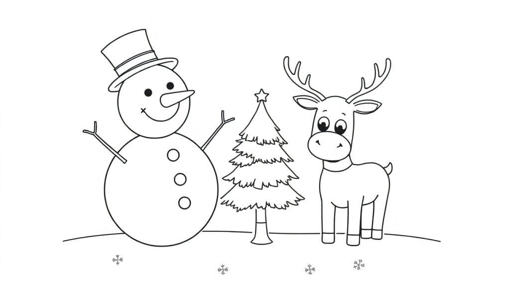 A cute black and white Christmas scene with a jolly snowman and a friendly reindeer ready for coloring, part of a color panel.