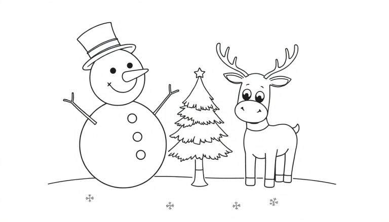 A cute black and white Christmas scene with a jolly snowman and a friendly reindeer ready for coloring, part of a color panel.
