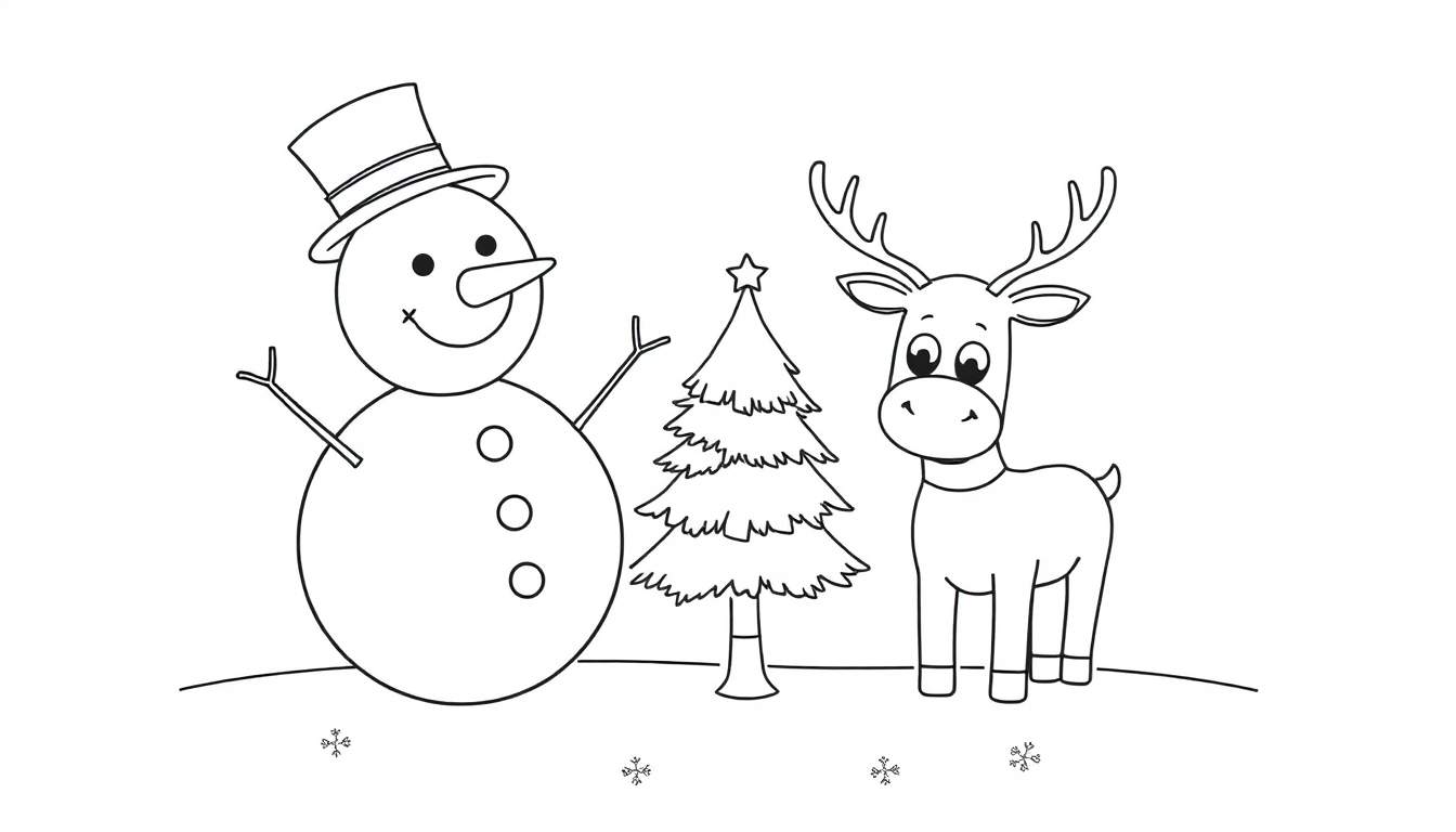 A cute black and white Christmas scene with a jolly snowman and a friendly reindeer ready for coloring, part of a color panel.