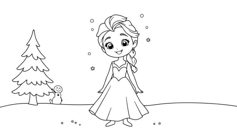 Black and white color panel drawing of a girl with a bun and braid, wearing a heart dress, with a Christmas tree and snowman in a snowy background. Ready for coloring!