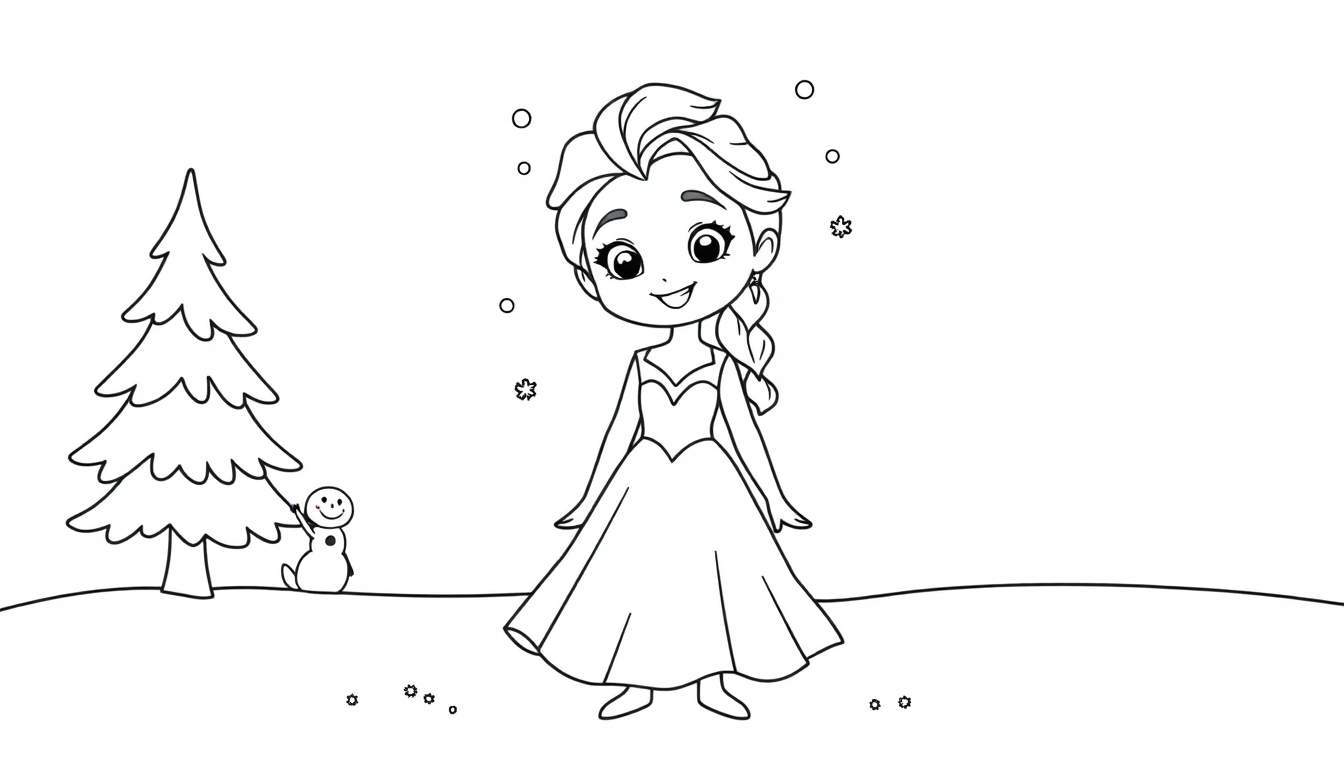 Black and white color panel drawing of a girl with a bun and braid, wearing a heart dress, with a Christmas tree and snowman in a snowy background. Ready for coloring!
