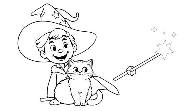 A young wizard boy and his cat, a color panel for coloring fun, holding a sparkling magic wand.