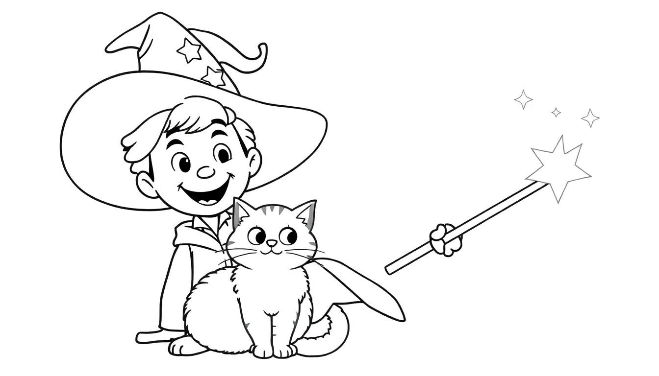 A young wizard boy and his cat, a color panel for coloring fun, holding a sparkling magic wand.