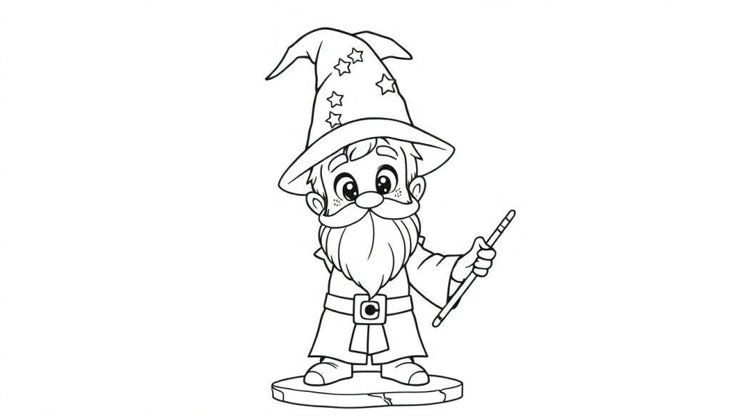 A cute little wizard boy with a pointy hat and a long beard, holding a magical wand, ready for a color panel.