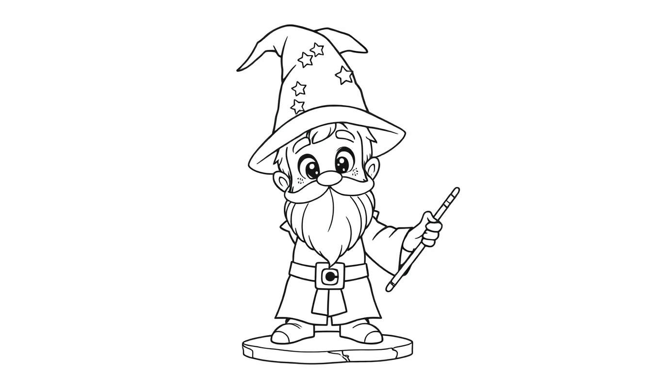 A cute little wizard boy with a pointy hat and a long beard, holding a magical wand, ready for a color panel.