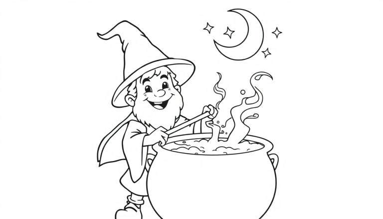 A smiling wizard with a pointy hat and long beard stirs a bubbling cauldron with two sticks, under a starry sky with a crescent moon. This is a black and white color panel.