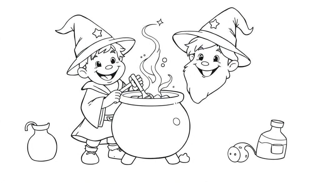 Young wizard stirring a cauldron, with an older wizard's head nearby. Black and white illustration for a color panel.