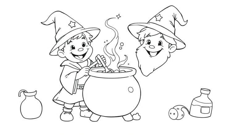 Young wizard stirring a cauldron, with an older wizard's head nearby. Black and white illustration for a color panel.