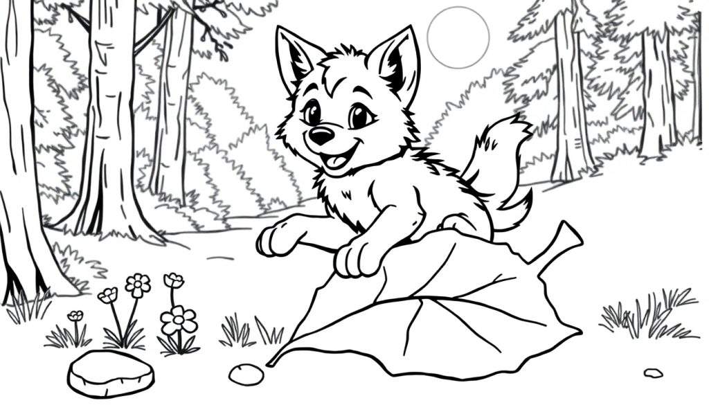 A cute wolf cub sitting on a big leaf, ready for a color panel adventure.