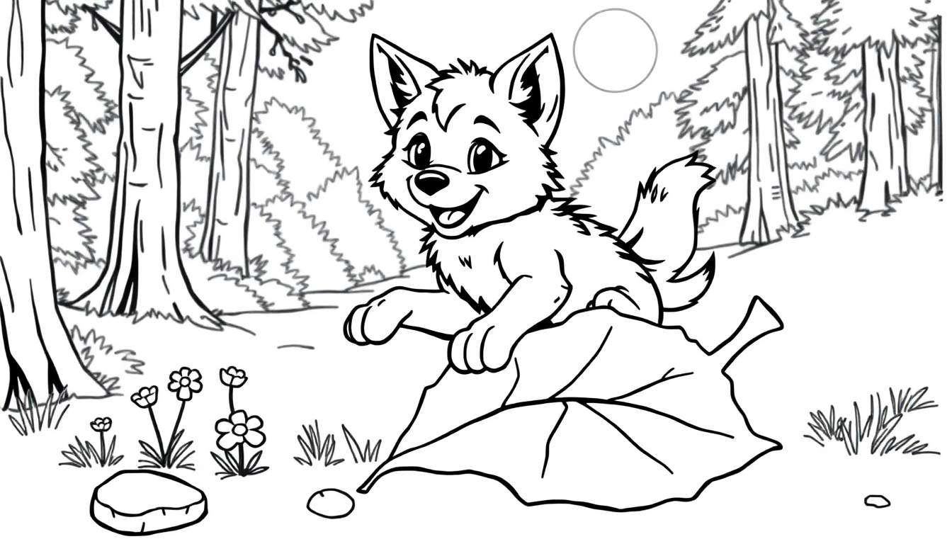 A cute wolf cub sitting on a big leaf, ready for a color panel adventure.