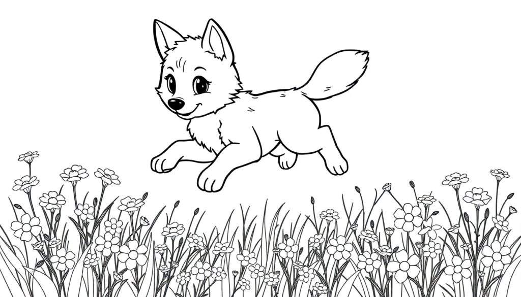 A black and white line drawing of a cute wolf cub mid-leap over wildflowers, a simple color panel for kids.