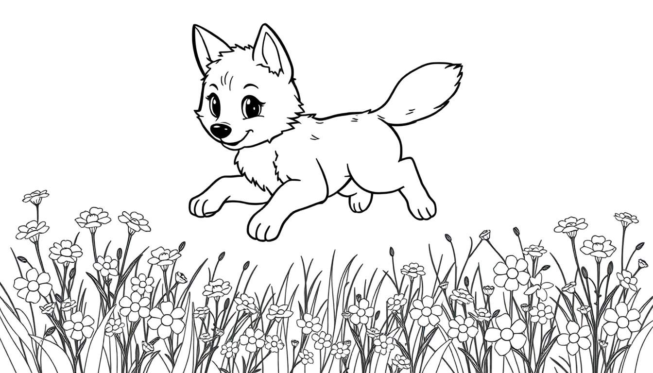 A black and white line drawing of a cute wolf cub mid-leap over wildflowers, a simple color panel for kids.