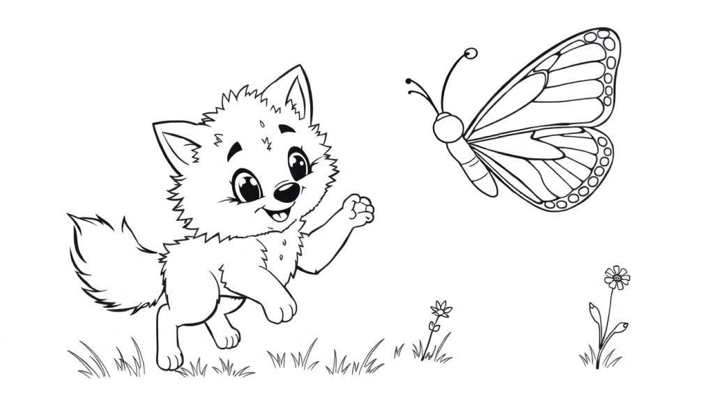 A cute wolf puppy leaping to catch a butterfly, a fun color panel.