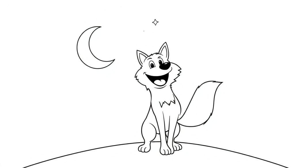 A happy wolf howling at a crescent moon and star, ready for a color panel.