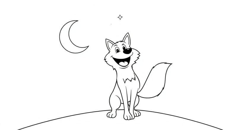 A happy wolf howling at a crescent moon and star, ready for a color panel.