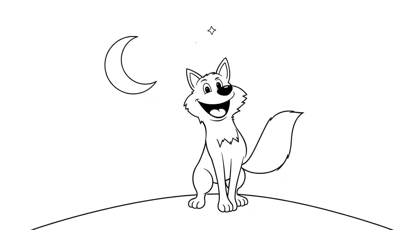 A happy wolf howling at a crescent moon and star, ready for a color panel.
