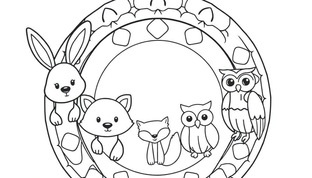 A black and white color panel featuring woodland animals inside a circular frame with decorative patterns.