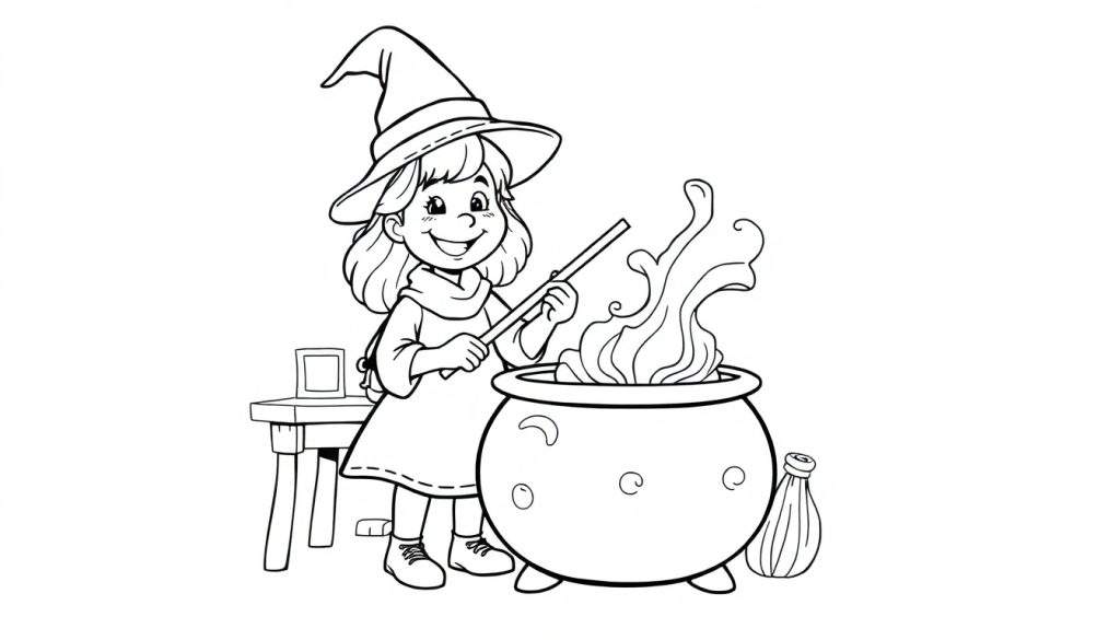 A young witch in a pointy hat, stirring a bubbling cauldron, black and white color panel.