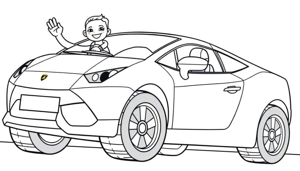 A black and white coloring page of a cool sports car with a happy kid waving from the driver's seat, ready for a fun color panel adventure.