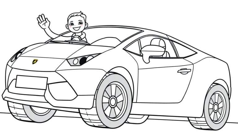 A black and white coloring page of a cool sports car with a happy kid waving from the driver's seat, ready for a fun color panel adventure.
